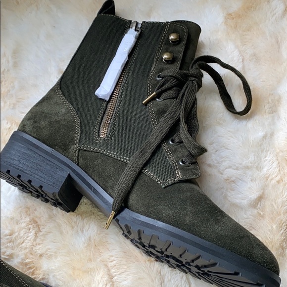 Hermilla Dark Green Combat Boots Size 7.5 – Suede & Canvas Lace-Up Ankle Boot - Picture 13 of 14